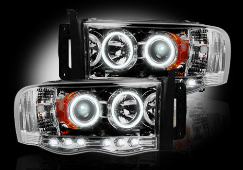 Recon Chrome Headlights with LED Halo & Daytime 02-05 Dodge Ram